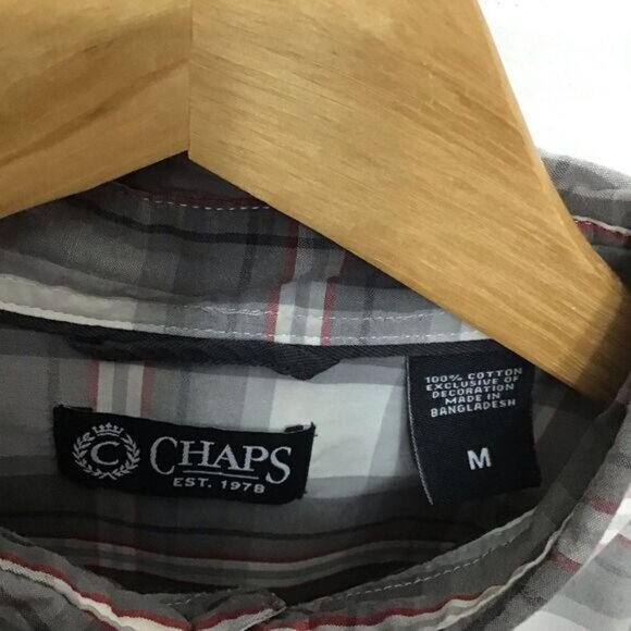 CHAPS men plaid button down shirt 100% lightweight cotton white grey red medium - Picture 4 of 10
